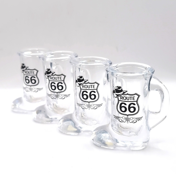 Four (4) Route 66 Glass 1 oz. Cowboy Boot Shaped Shot Glasses - NWT Never Used - Picture 1 of 5